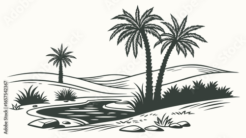 Stylized silhouette of a desert oasis with palm trees and a winding stream under rolling sand dunes