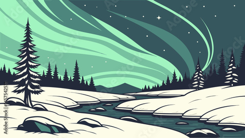 Stylized winter landscape with a winding river under a vibrant green aurora borealis sky