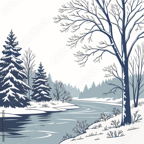 Stylized winter landscape with snow covered pine trees and bare deciduous trees along a winding river