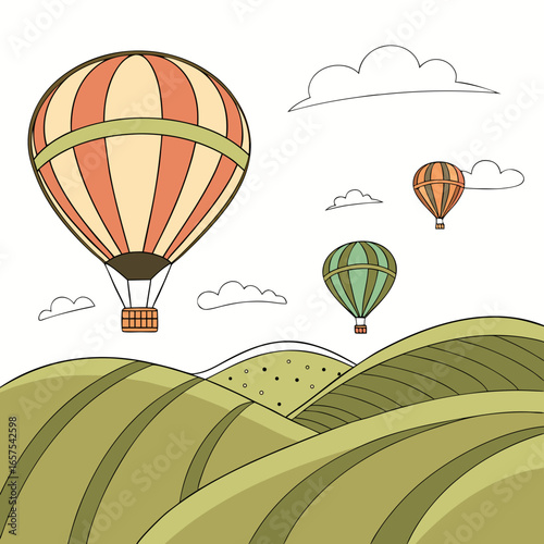 Three colorful hot air balloons float serenely above rolling green hills under a sky with fluffy white clouds