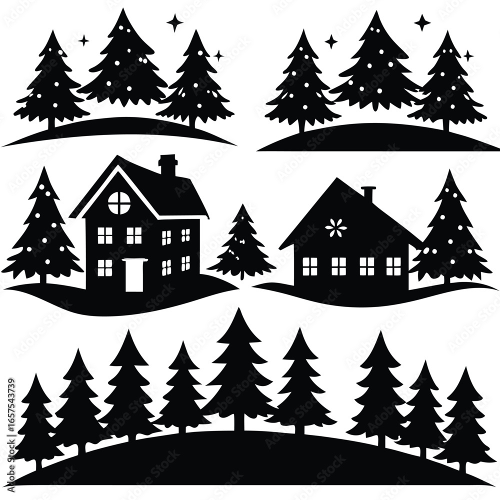 Fototapeta premium Winter Wonderland Silhouettes: Houses & Trees for Crafts & Design