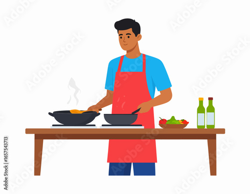 Dark-Skinned Man Cooking in Red Apron at Wooden Table.