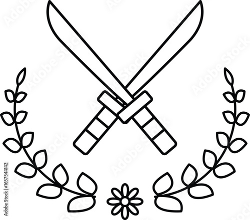 Two swords crossed over each other, with a leafy border surrounding them