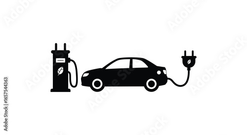 Electric car charging at a station with a power cable silhouette