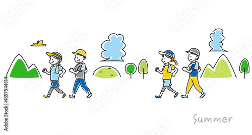 夏にウォーキングをする男女のベクターイラスト