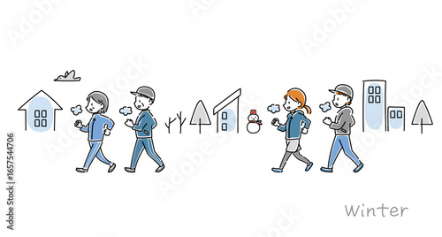冬にウォーキングをする男女のベクターイラスト