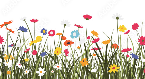 A vibrant meadow bursting with diverse wildflowers and lush green grass under a clear blue sky