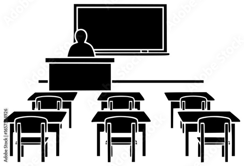 School building with empty classroom teacher desk student chair blackboard school library science laboratory hallway cafeteria auditorium