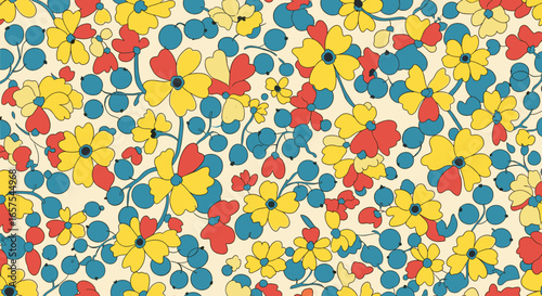 Vibrant retro floral pattern with yellow red flowers and blue berry accents on cream background