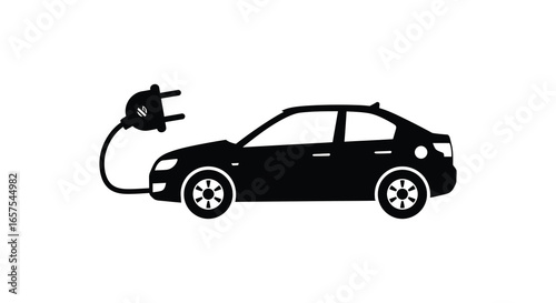Electric car being charged with plug silhouette