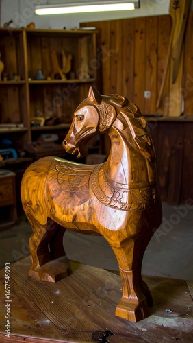 Carved wooden horse in a workshop