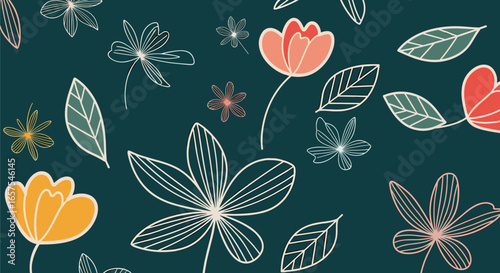 A beautifully hand drawn botanical pattern featuring blooming flowers and lush green leaves on a dark teal background