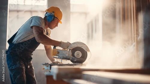 A construction worker skillfully operates a circular saw in a partially completed building, with dust swirling in the air, showcasing the intensity of manual labor in a developing environment