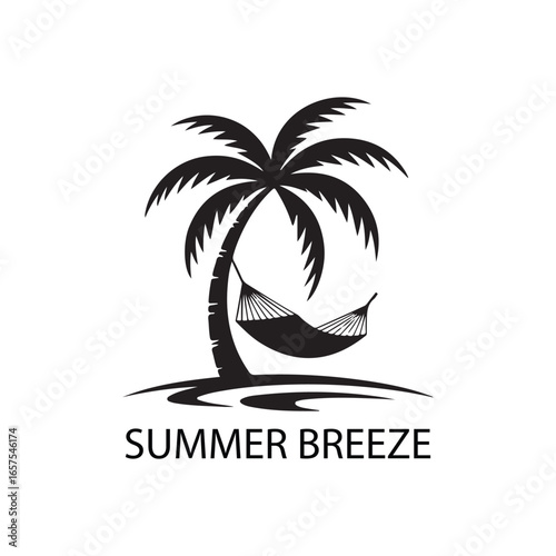 A palm tree with a hammock and the words summer breeze below it