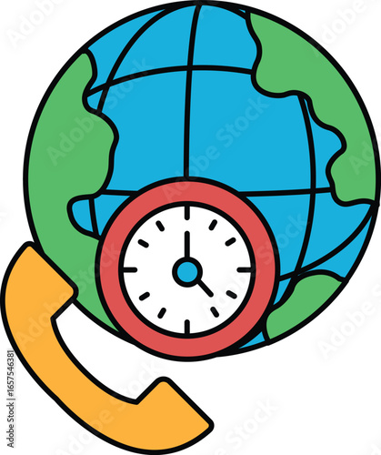 A clock is on a globe with a phone on the left side