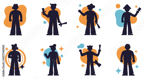 Silhouette icons of people in various professions and poses with colorful backgrounds