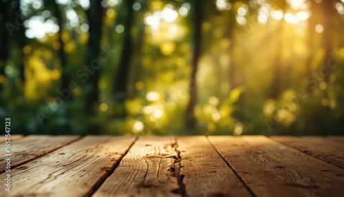Rustic wooden surface with a blurry, vibrant green forest background bathed in golden sunlight creating a serene and natural atmosphere