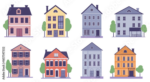 A set of colorful cartoon houses with trees on a white background silhouette