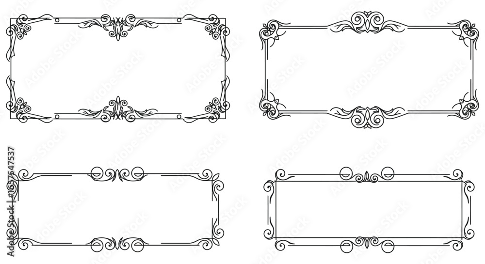 Fototapeta premium Vintage ornate rectangular frames with floral designs and swirling patterns silhouette