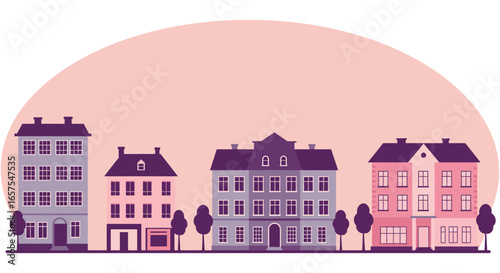 A row of colorful houses with trees in front of a pink sky silhouette
