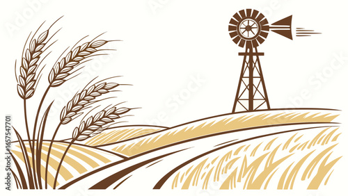 Illustration of a wheat field with a windmill in the background, perfect for creating rural designs