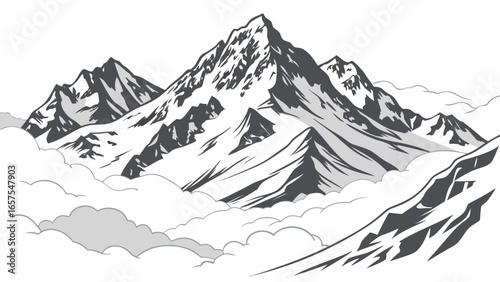 Vector art of a majestic mountain range with snowcovered peaks and clouds, a breathtaking natural scenery