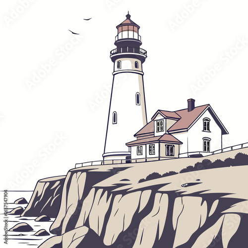 Vector art of a majestic lighthouse perched on a cliff overlooking the sea, guiding ships with its beacon of light illustration