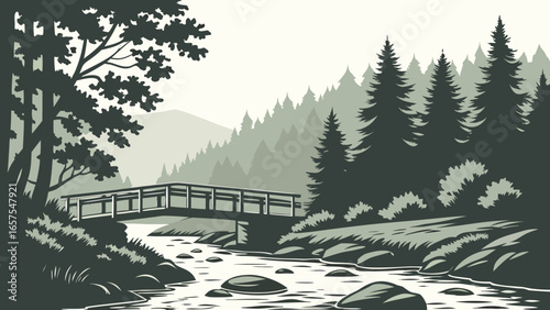 Vector art of a monochrome illustration of a wooden bridge over a river in a forest landscape with mountains in the background