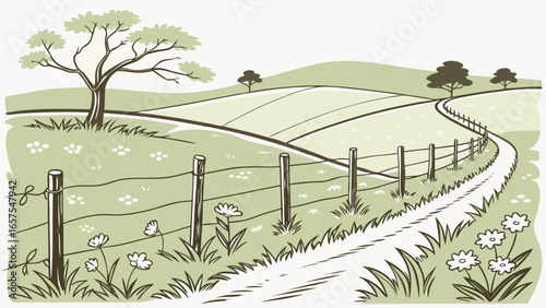 Vector art of a picturesque countryside landscape with rolling hills, a winding path, and a rustic fence, evoking a sense of tranquility