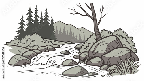 Vector art of a picturesque mountain river scene with lush trees, rugged rocks, and a tranquil stream