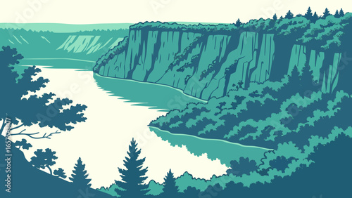 Vector art of a scenic view of a river flowing through a canyon with cliffs and a forest, creating a beautiful and idyllic landscape