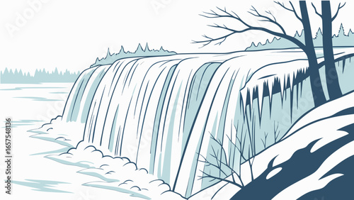 Vector art of a scenic winter waterfall landscape with snow and ice formations, featuring a frozen river and bare trees
