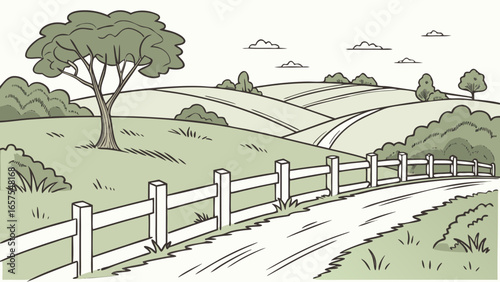 Vector art of a serene countryside scene featuring rolling hills, a winding path, and a wooden fence, capturing the essence of rural beauty