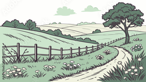 Vector art of a serene countryside landscape with green fields, a fence, and a winding road, a peaceful rural scene