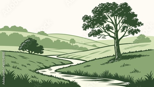 Vector art of a serene countryside landscape illustration featuring rolling green hills, a winding river, and a solitary tree on a sunny day
