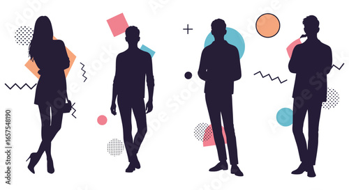 Four silhouetted people standing in front of colorful geometric shapes and patterns