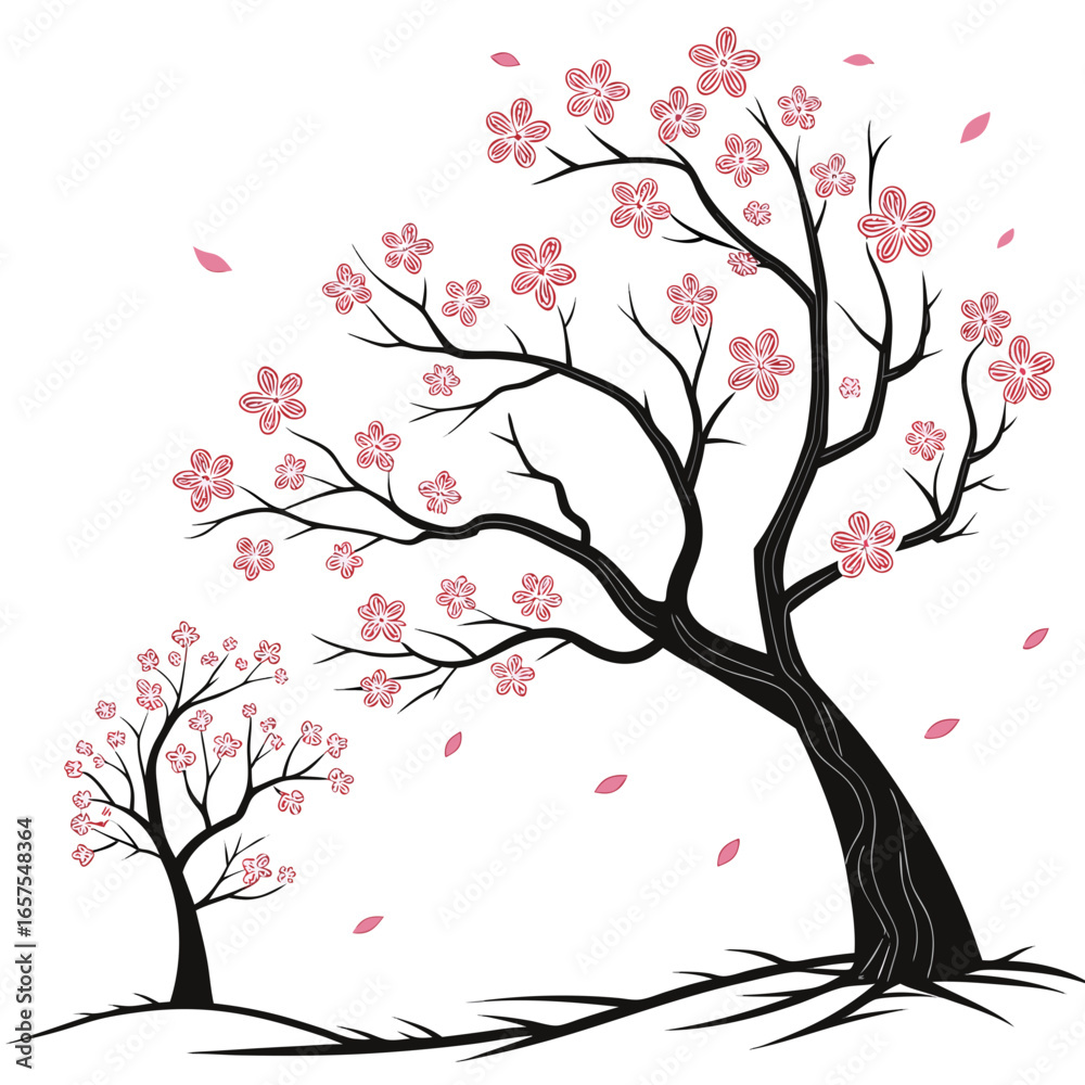 Fototapeta premium Vector art of beautiful cherry blossom tree with pink flowers, a symbol of spring and renewal, vector illustration