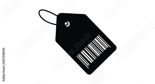 A black tag with a barcode and a string loop silhouette