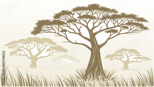 Vector art of african savanna landscape with acacia trees in warm colors, a vector illustration of the natural environment
