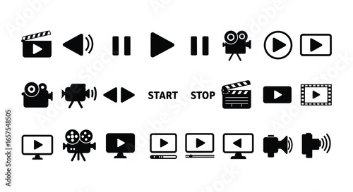 Collection of various video and film icons and playback symbols silhouette