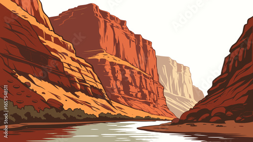 Vector art of majestic grand canyon landscape with a flowing river, showcasing the beauty of nature and geological formations