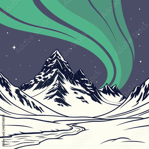 Vector art of majestic mountain landscape with aurora borealis, a breathtaking display of northern lights in the winter night, vector illustration