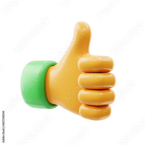 3d yellow thumb up hand gesture on transparent background with green bracelet
