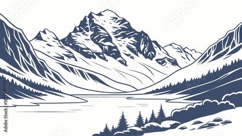 Vector art of majestic mountain range landscape with snowcapped peaks and a serene valley