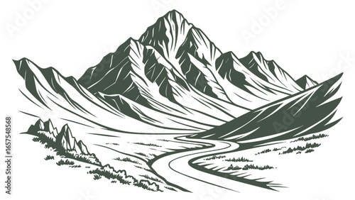Vector art of majestic mountain range landscape with winding road