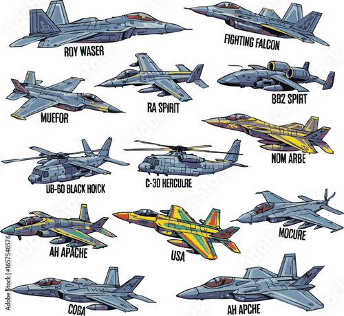need list of Military Aircraft operated by USA victor art color with white background
