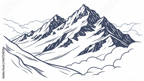 Vector art of majestic mountain range with snowcapped peaks and clouds, a stunning landscape of natures beauty