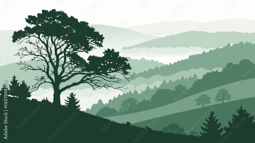 Fototapeta premium Vector art of scenic green landscape with tree silhouette on hill and mountain range in the background