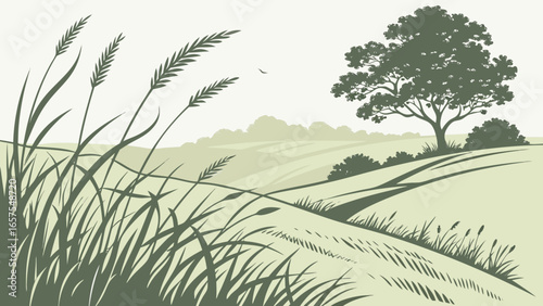 Vector art of scenic countryside landscape with wheat field, tree, and hills, showcasing the beauty of nature on a sunny summer day