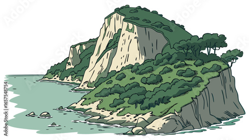 Vector art of scenic island with rocky cliffs and lush vegetation, surrounded by the turquoise sea, a perfect summer destination